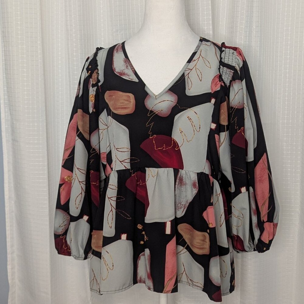 Entro V-Neck Puffy 3/4 Sleeves Peplum Top, Size S